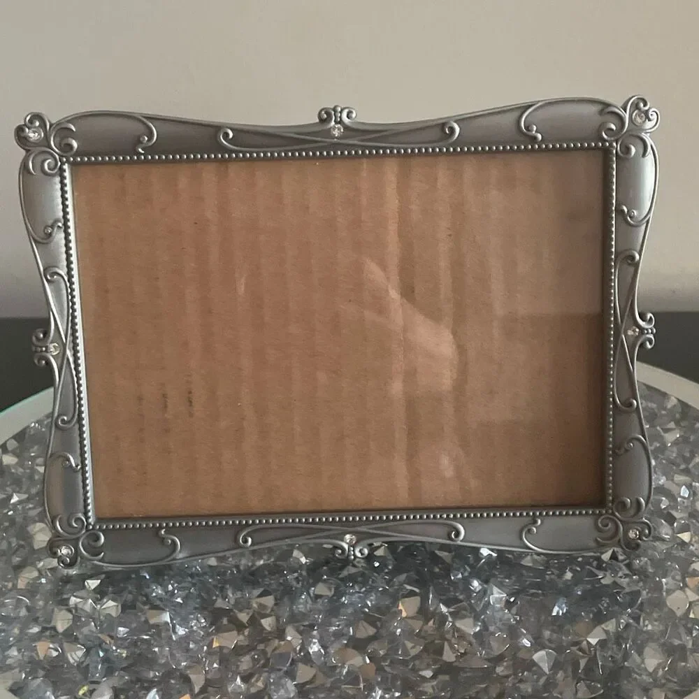 Burnes of Boston picture frame standing silver diamond rhinestone scroll pewter